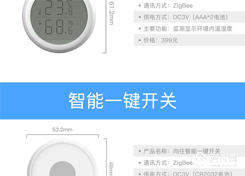 向往智能家居用品网关门磁红外人体感应器烟雾/燃气泄漏