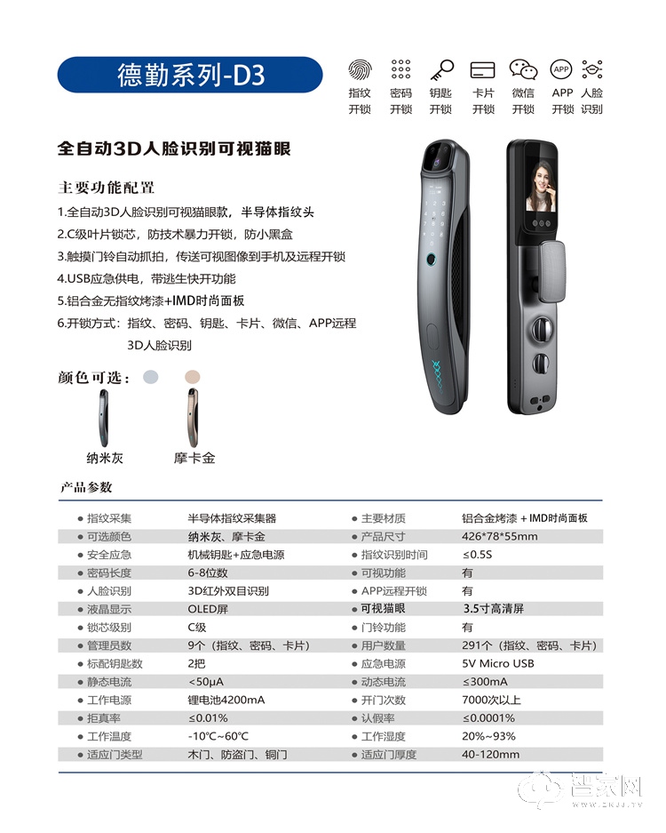 国青智能锁 全自动3D人脸识别可视猫眼款